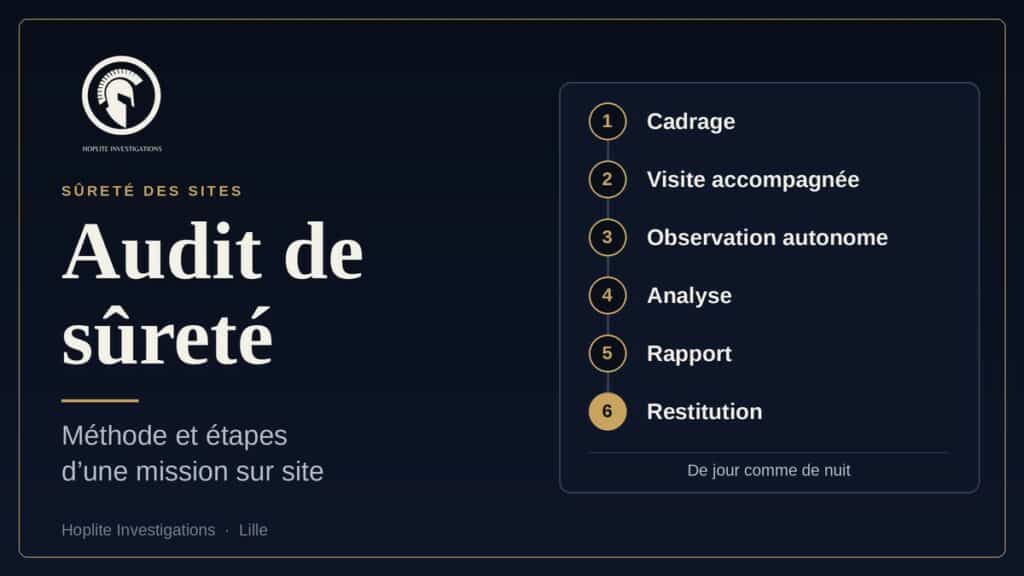 Les six étapes d'un audit de sûreté : cadrage, visite accompagnée, observation autonome, analyse, rapport et restitution